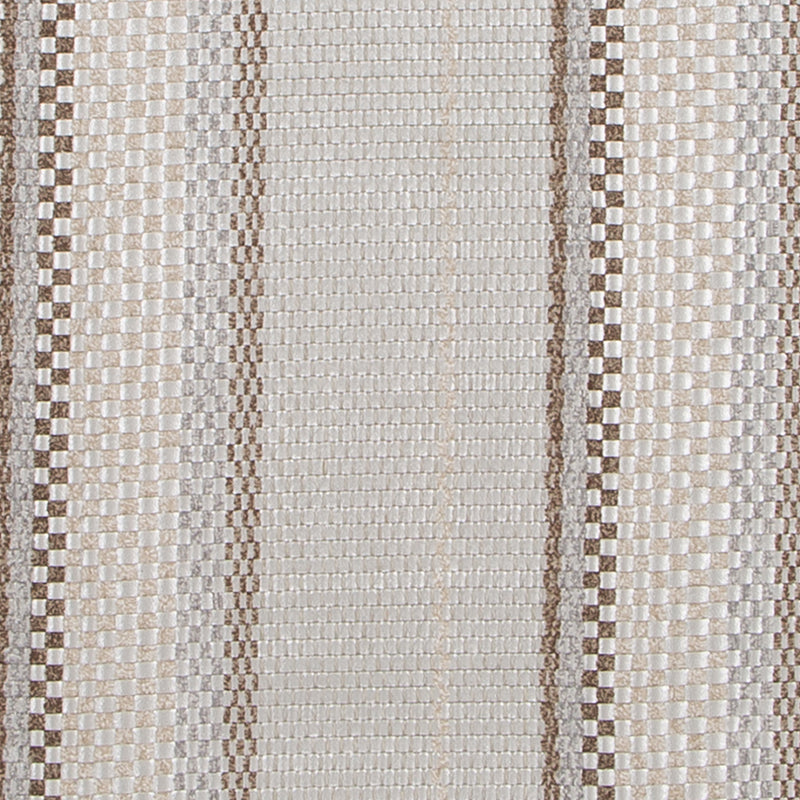 Beige and cream woven upholstery fabric swatch with vertical stripes and textured checkerboard borders.