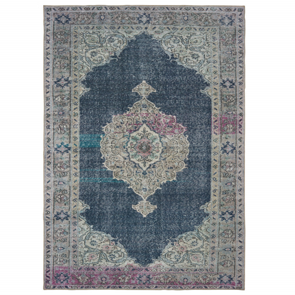 8' X 11' Blue And Grey Oriental Power Loom Stain Resistant Area Rug