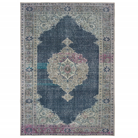 8' X 11' Blue And Grey Oriental Power Loom Stain Resistant Area Rug