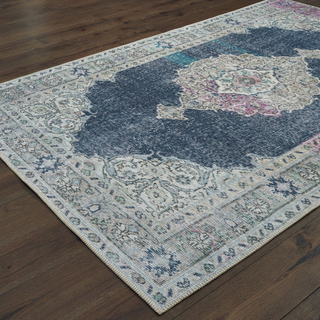 8' X 11' Blue And Grey Oriental Power Loom Stain Resistant Area Rug