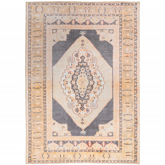 5' X 8' Grey And Gold Oriental Power Loom Stain Resistant Area Rug