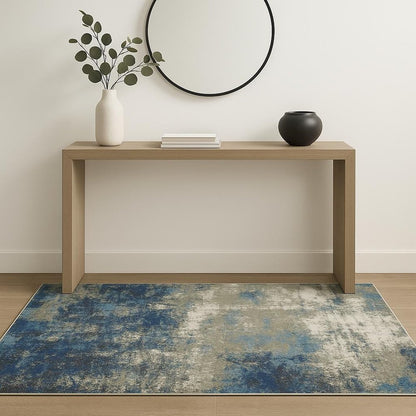4' X 6' Blue Grey And Beige Abstract Power Loom Stain Resistant Area Rug