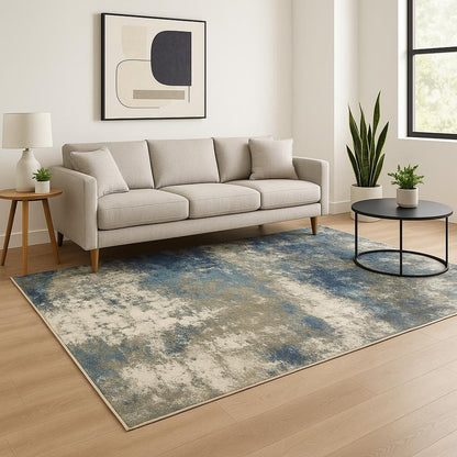 5' X 7' Blue Grey And Beige Abstract Power Loom Stain Resistant Area Rug