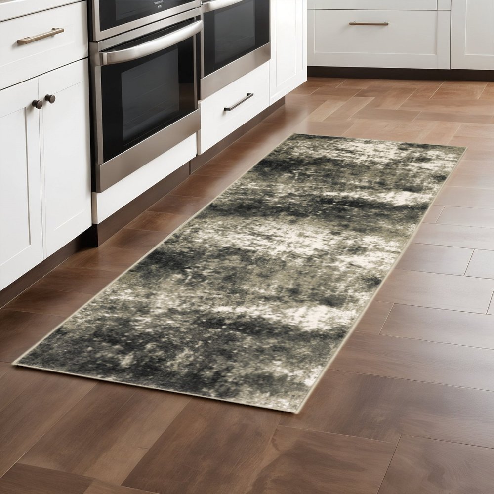2' X 8' Charcoal Grey And Beige Abstract Power Loom Stain Resistant Runner Rug