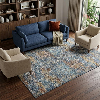 8' X 10' Blue Teal Gold Rust And Beige Abstract Power Loom Stain Resistant Area Rug