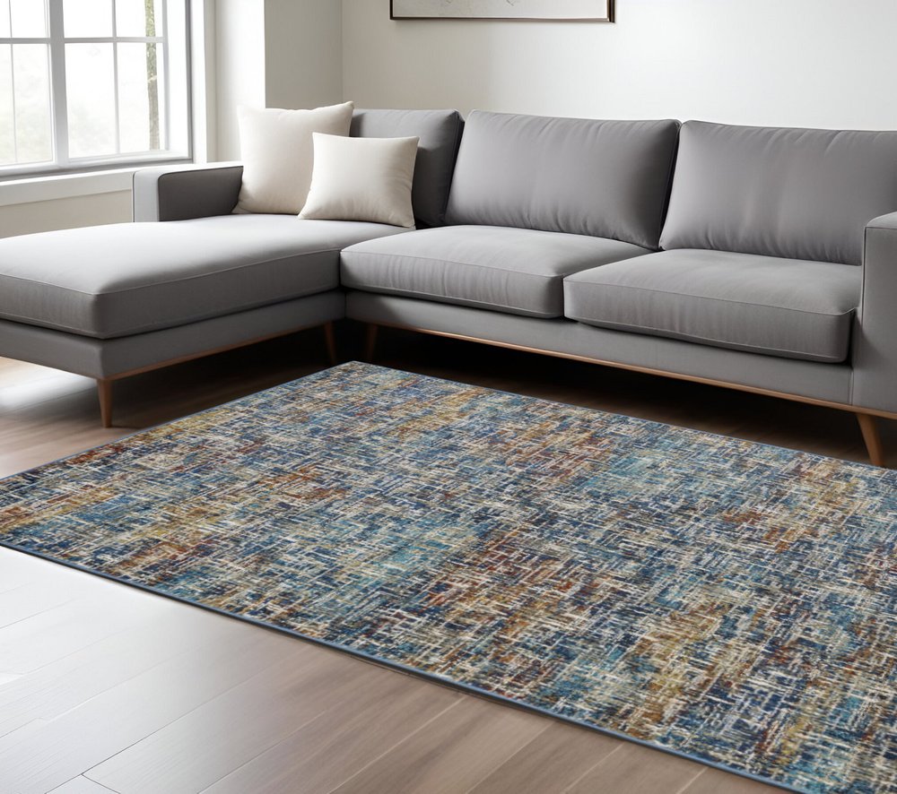 8' X 10' Blue Teal Gold Rust And Beige Abstract Power Loom Stain Resistant Area Rug