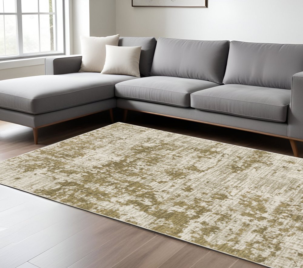10' X 13' Beige And Gold Abstract Distressed Area Rug