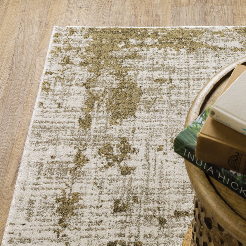 10' X 13' Beige And Gold Abstract Distressed Area Rug