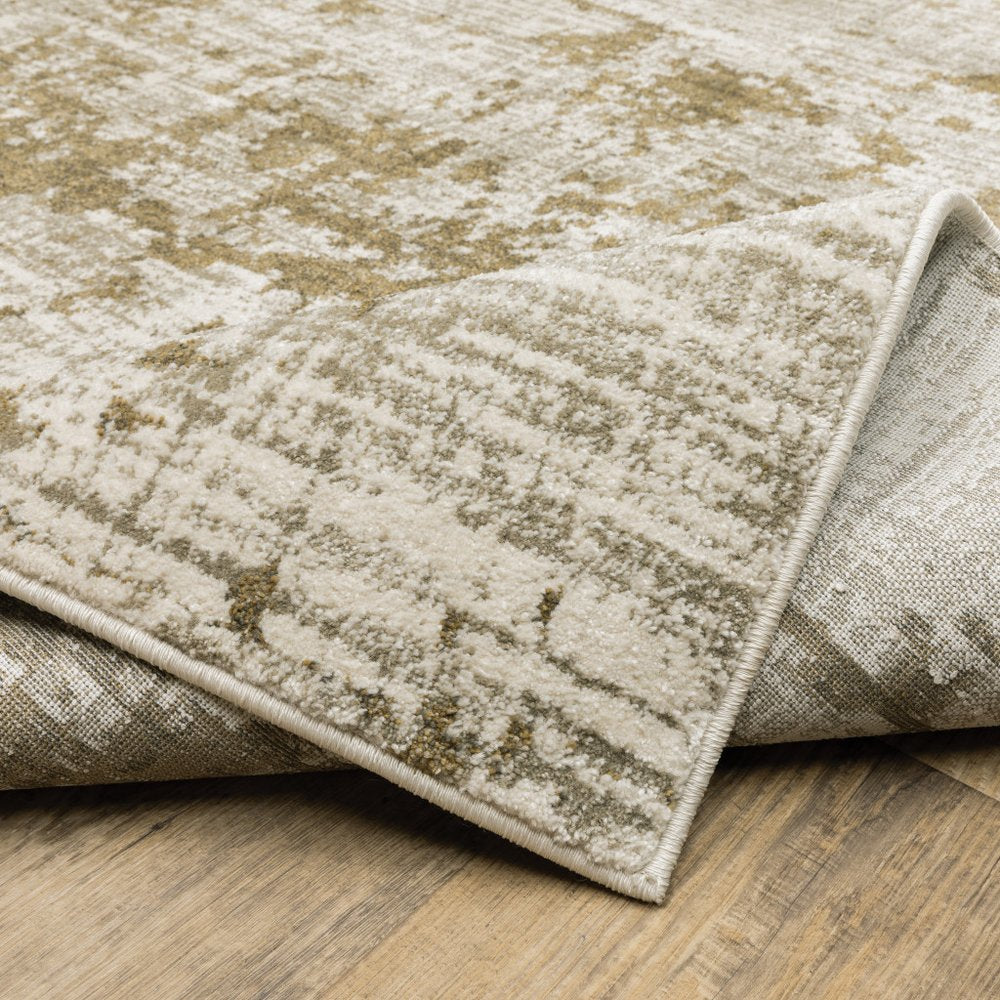 10' X 13' Beige And Gold Abstract Distressed Area Rug