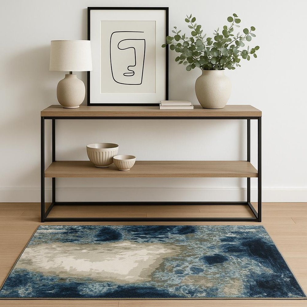 4' X 6' Blue Grey Charcoal And Beige Abstract Power Loom Stain Resistant Area Rug