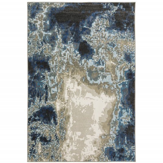 8' X 10' Blue Grey Charcoal And Beige Abstract Power Loom Stain Resistant Area Rug