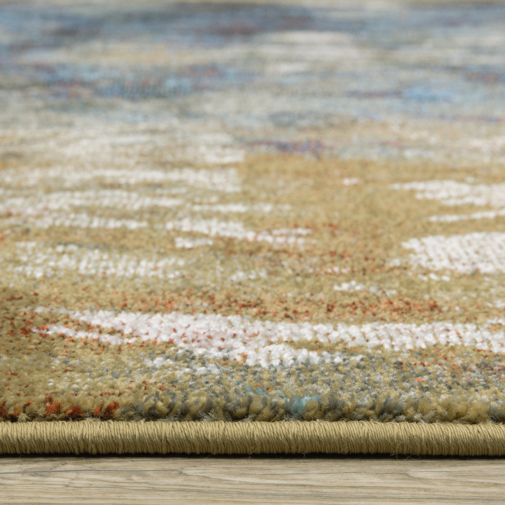 2' X 8' Blue Gold Teal Rust Grey And Beige Abstract Power Loom Stain Resistant Runner Rug