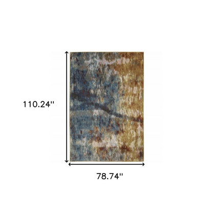 7' X 9' Blue And Gold Abstract Area Rug