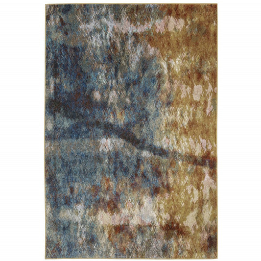 7' X 9' Blue And Gold Abstract Area Rug