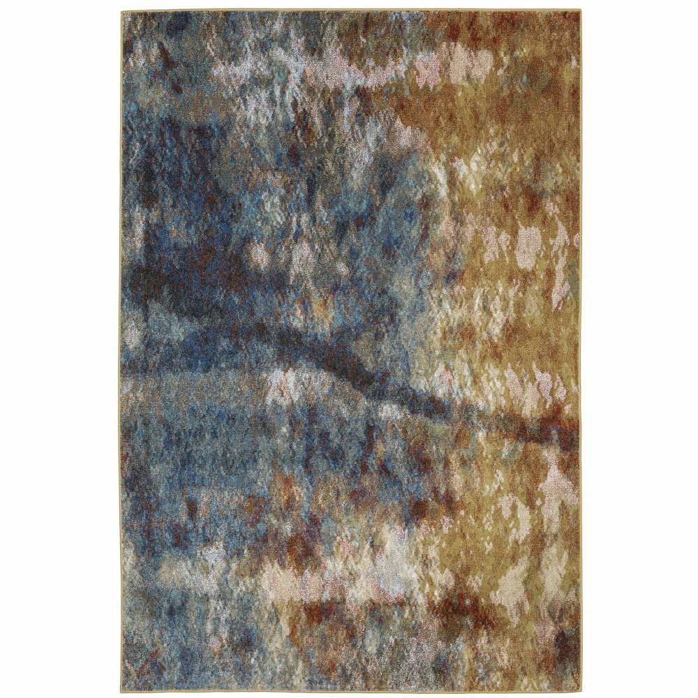 7' X 9' Blue And Gold Abstract Area Rug