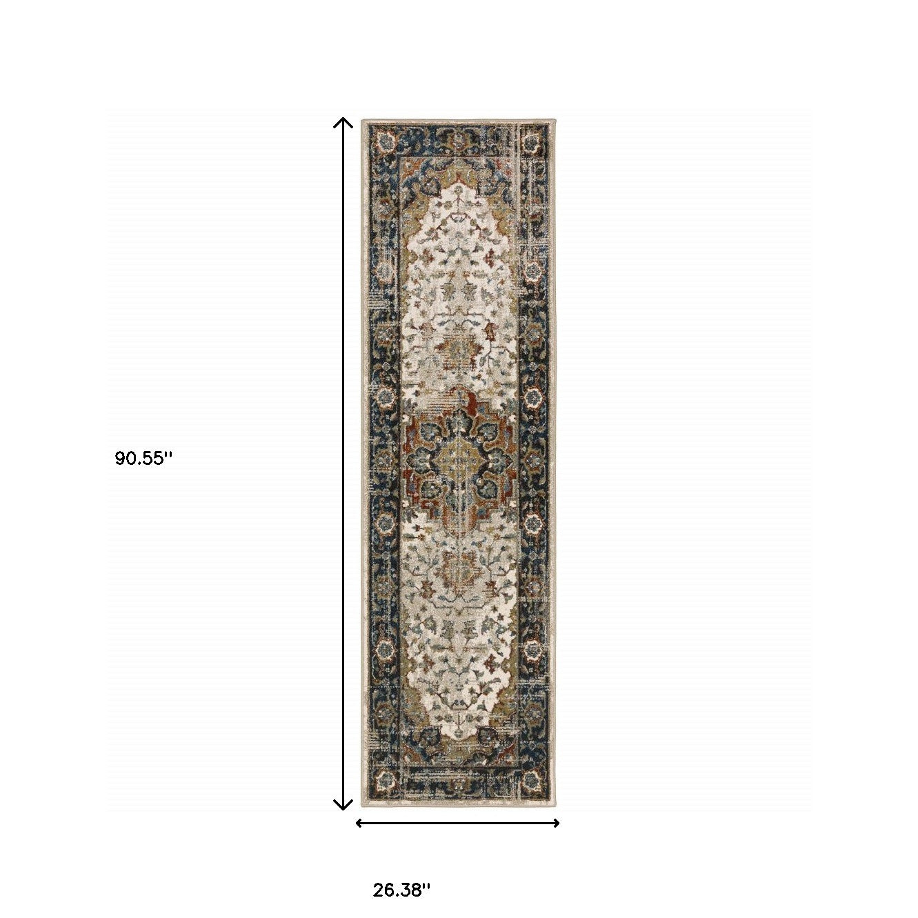 2' X 8' Beige Blue Green Rust And Grey Oriental Power Loom Stain Resistant Runner Rug