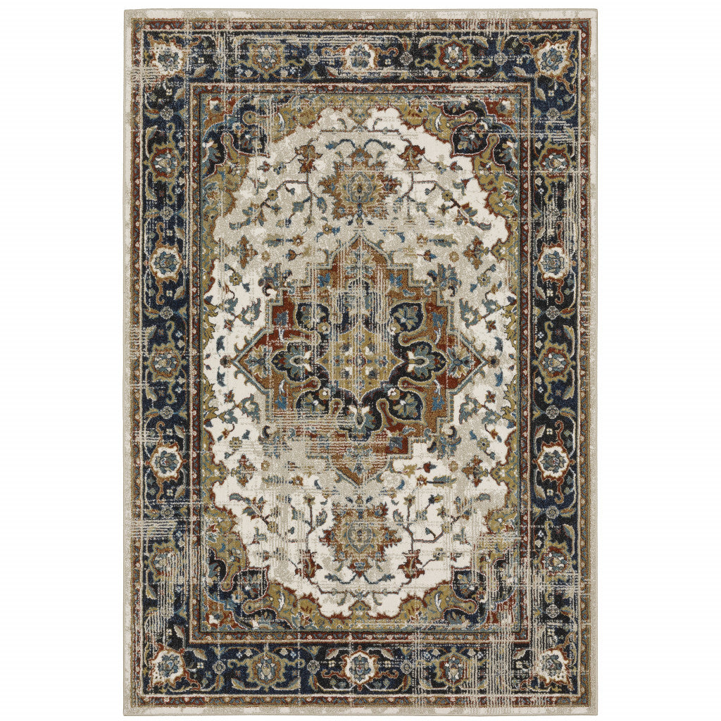 4' X 6' Beige Blue Green Rust And Grey Oriental Power Loom Stain Resistant Area Rug