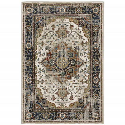 4' X 6' Beige Blue Green Rust And Grey Oriental Power Loom Stain Resistant Area Rug