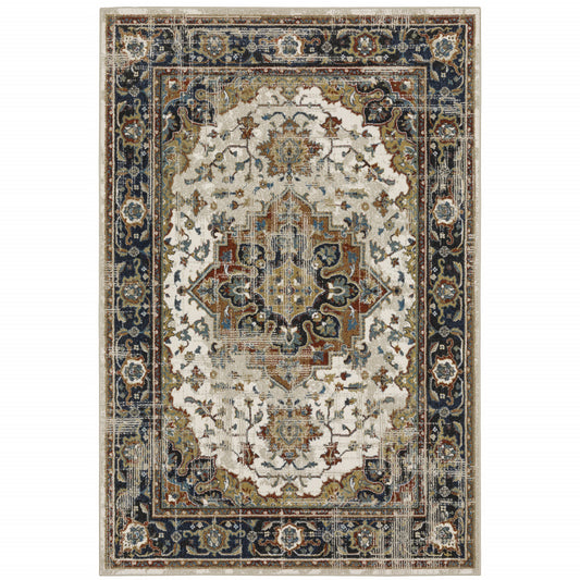 5' X 7' Beige Blue Green Rust And Grey Oriental Power Loom Stain Resistant Area Rug