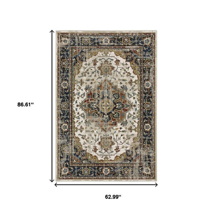 5' X 7' Beige Blue Green Rust And Grey Oriental Power Loom Stain Resistant Area Rug
