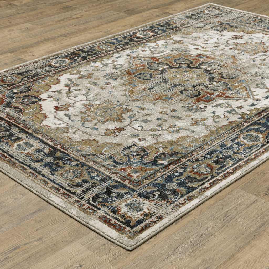 5' X 7' Beige Blue Green Rust And Grey Oriental Power Loom Stain Resistant Area Rug