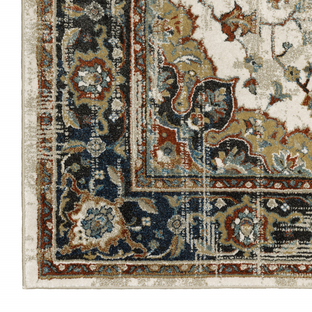 5' X 7' Beige Blue Green Rust And Grey Oriental Power Loom Stain Resistant Area Rug