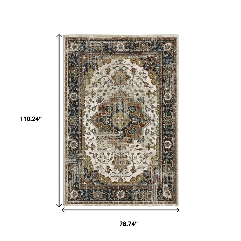 7' X 9' Beige And Blue Oriental Distressed Area Rug