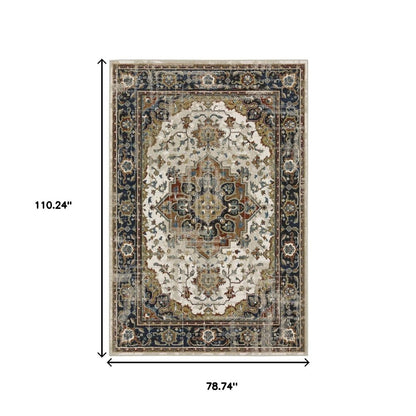 7' X 9' Beige And Blue Oriental Distressed Area Rug