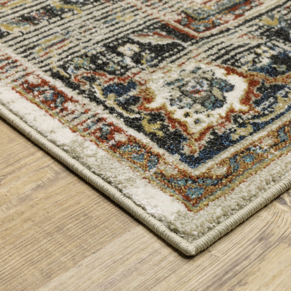7' X 9' Beige And Blue Oriental Distressed Area Rug