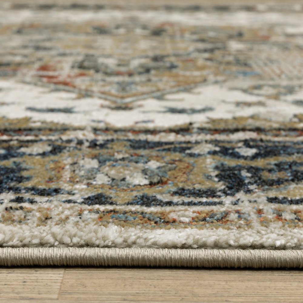 7' X 9' Beige And Blue Oriental Distressed Area Rug