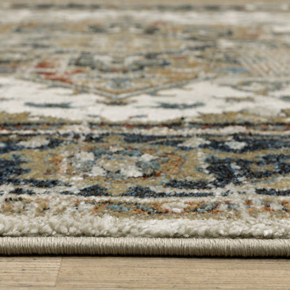 7' X 9' Beige And Blue Oriental Distressed Area Rug