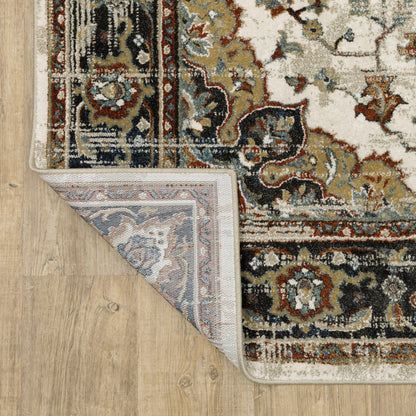 7' X 9' Beige And Blue Oriental Distressed Area Rug