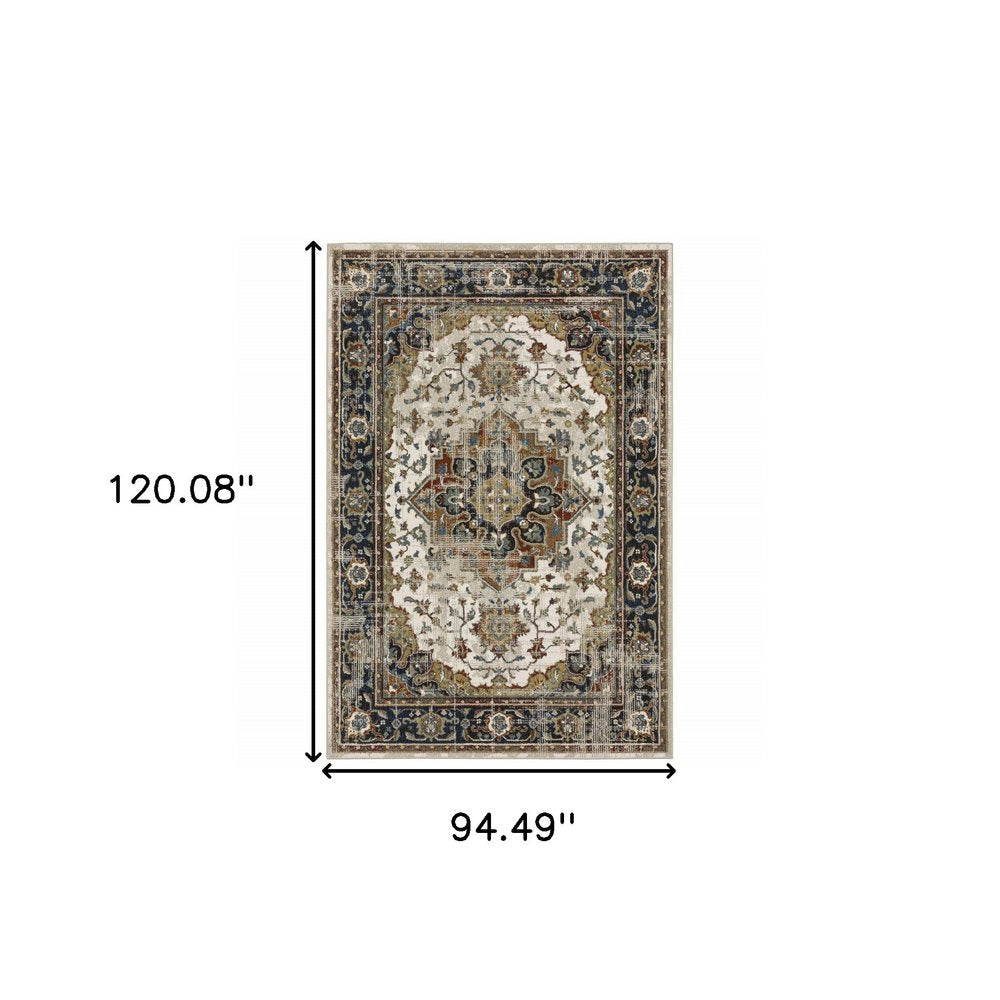 8' X 10' Beige And Blue Oriental Distressed Area Rug