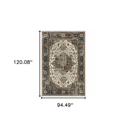 8' X 10' Beige And Blue Oriental Distressed Area Rug