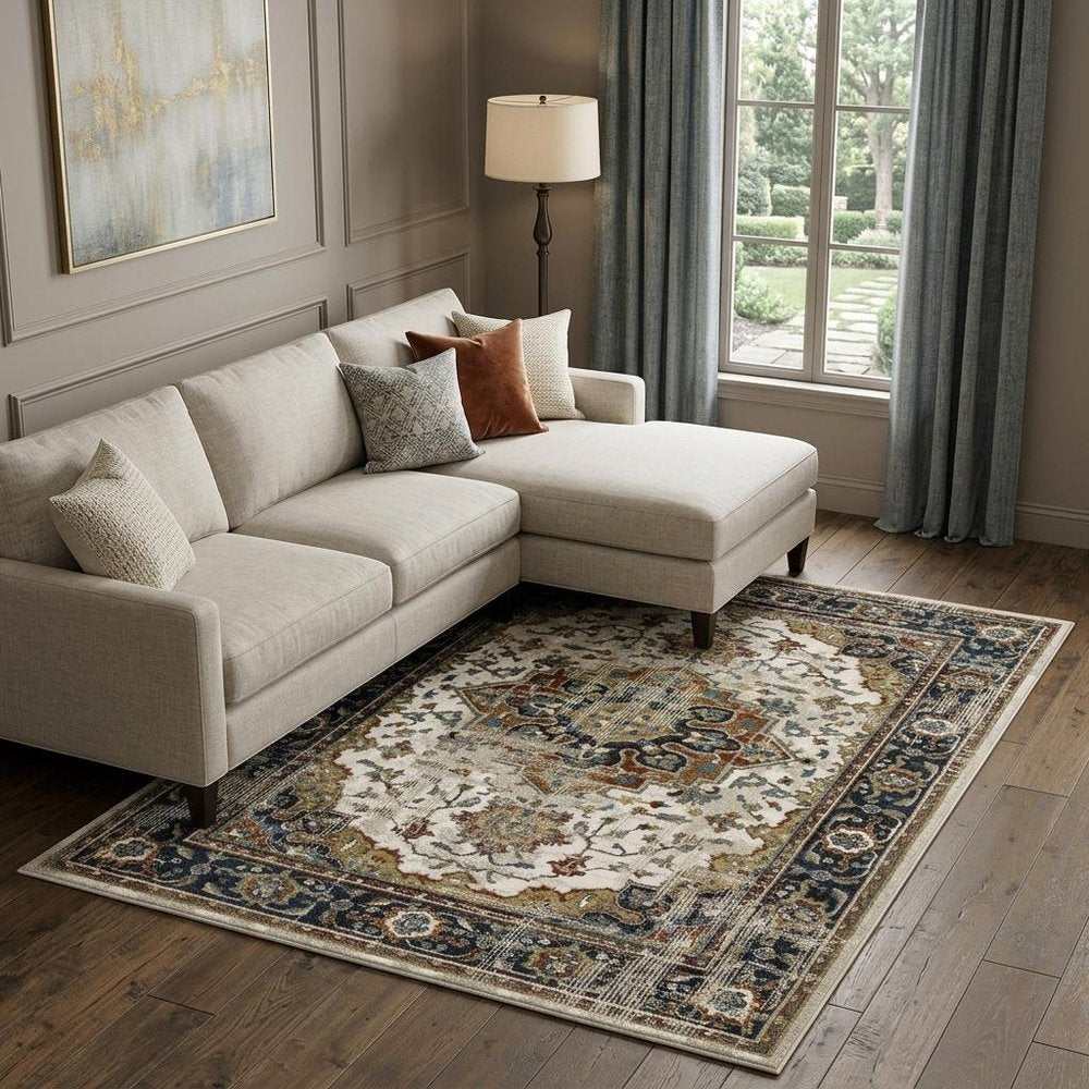 8' X 10' Beige And Blue Oriental Distressed Area Rug