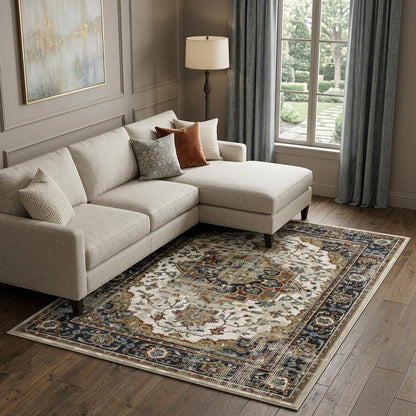8' X 10' Beige And Blue Oriental Distressed Area Rug