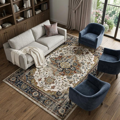 8' X 10' Beige And Blue Oriental Distressed Area Rug