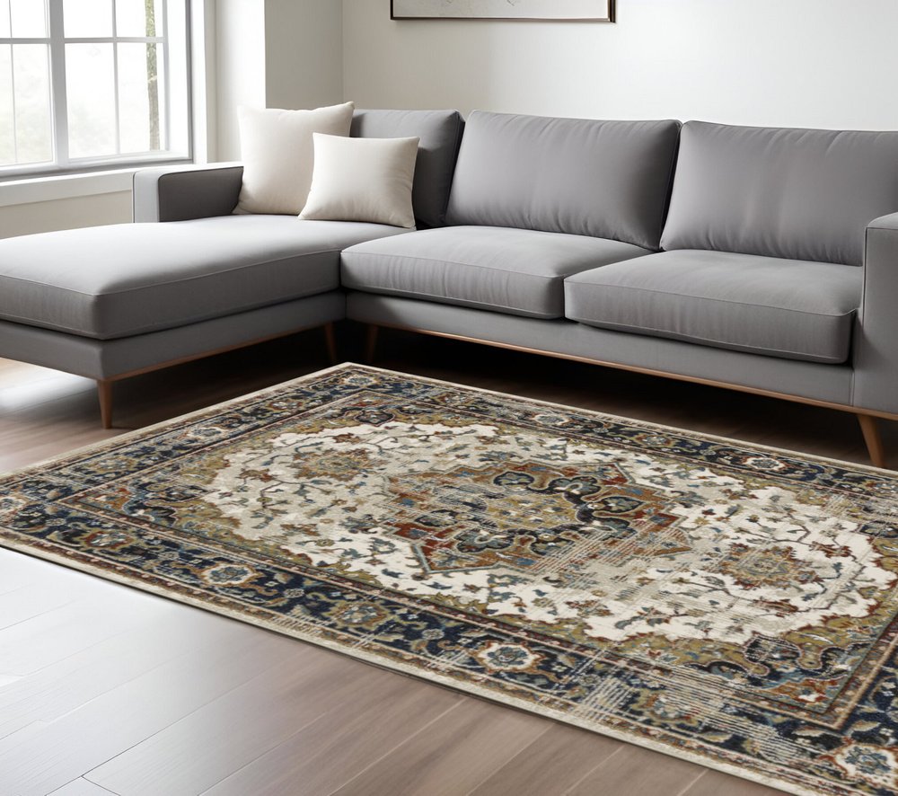 8' X 10' Beige And Blue Oriental Distressed Area Rug