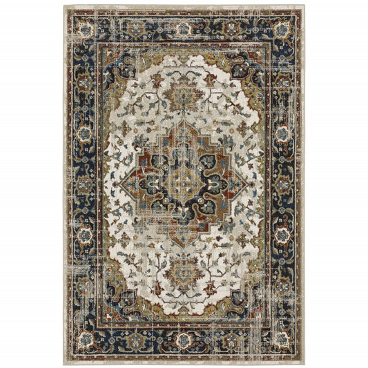 8' X 10' Beige And Blue Oriental Distressed Area Rug