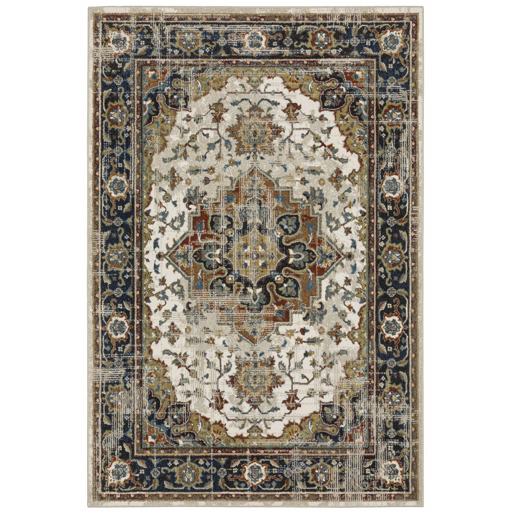 10' X 13' Beige Blue Green Rust And Grey Oriental Power Loom Stain Resistant Area Rug