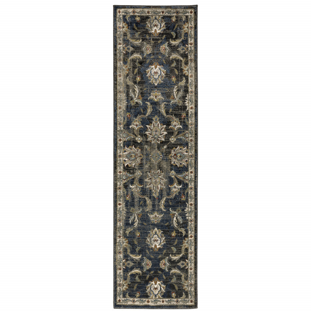 2' X 8' Charcoal Blue Gold Rust And Beige Oriental Power Loom Stain Resistant Runner Rug