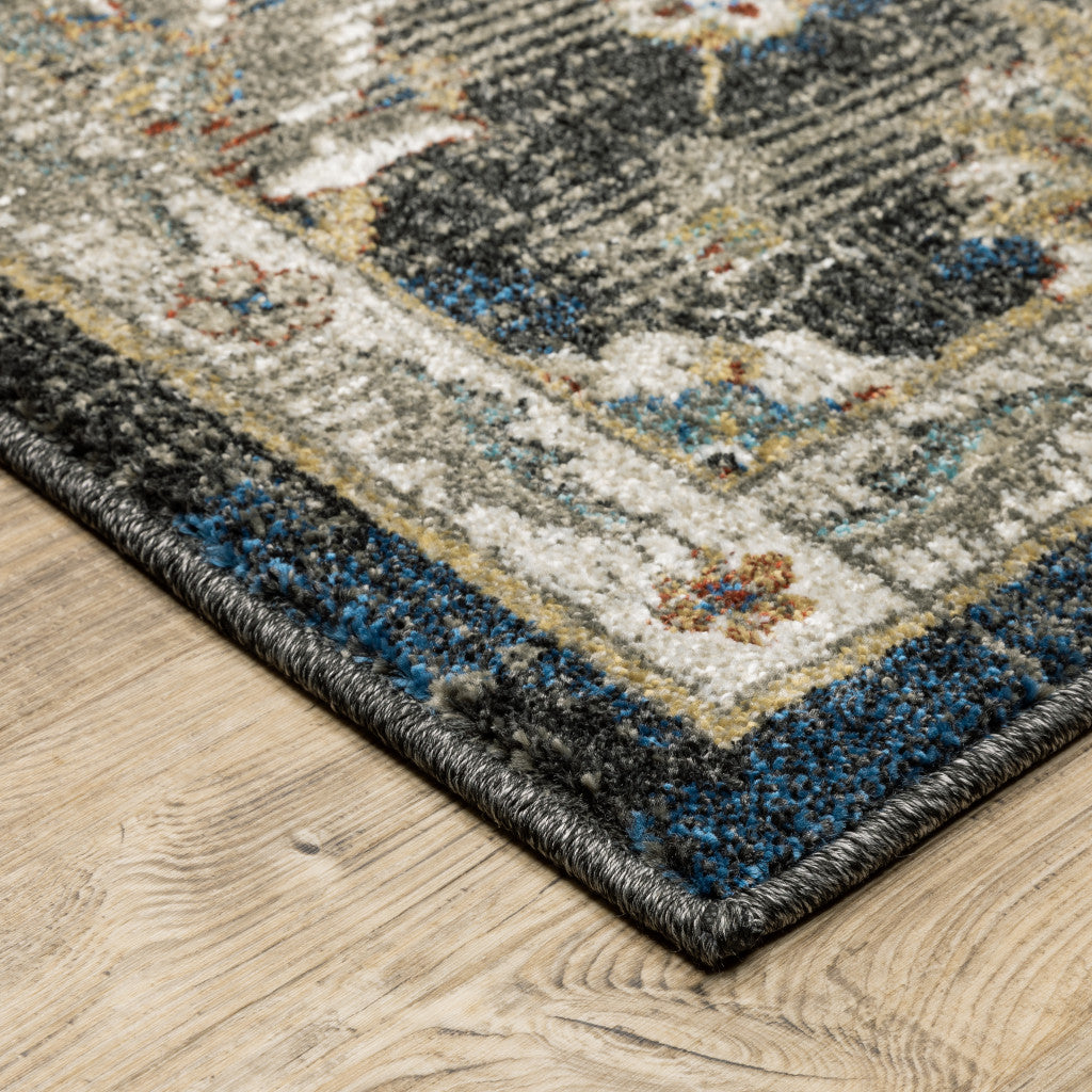 2' X 8' Charcoal Blue Gold Rust And Beige Oriental Power Loom Stain Resistant Runner Rug