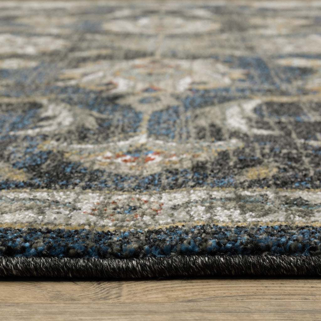 2' X 8' Charcoal Blue Gold Rust And Beige Oriental Power Loom Stain Resistant Runner Rug