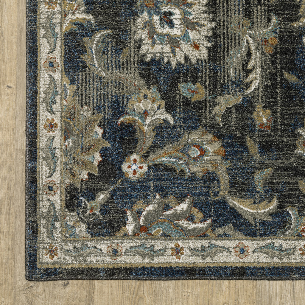 2' X 8' Charcoal Blue Gold Rust And Beige Oriental Power Loom Stain Resistant Runner Rug