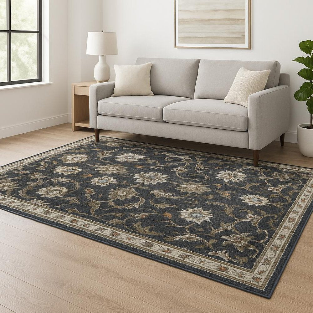 5' X 7' Charcoal Blue Gold Rust And Beige Oriental Power Loom Stain Resistant Area Rug