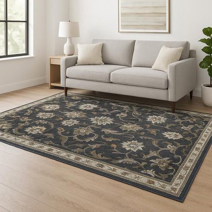 5' X 7' Charcoal Blue Gold Rust And Beige Oriental Power Loom Stain Resistant Area Rug