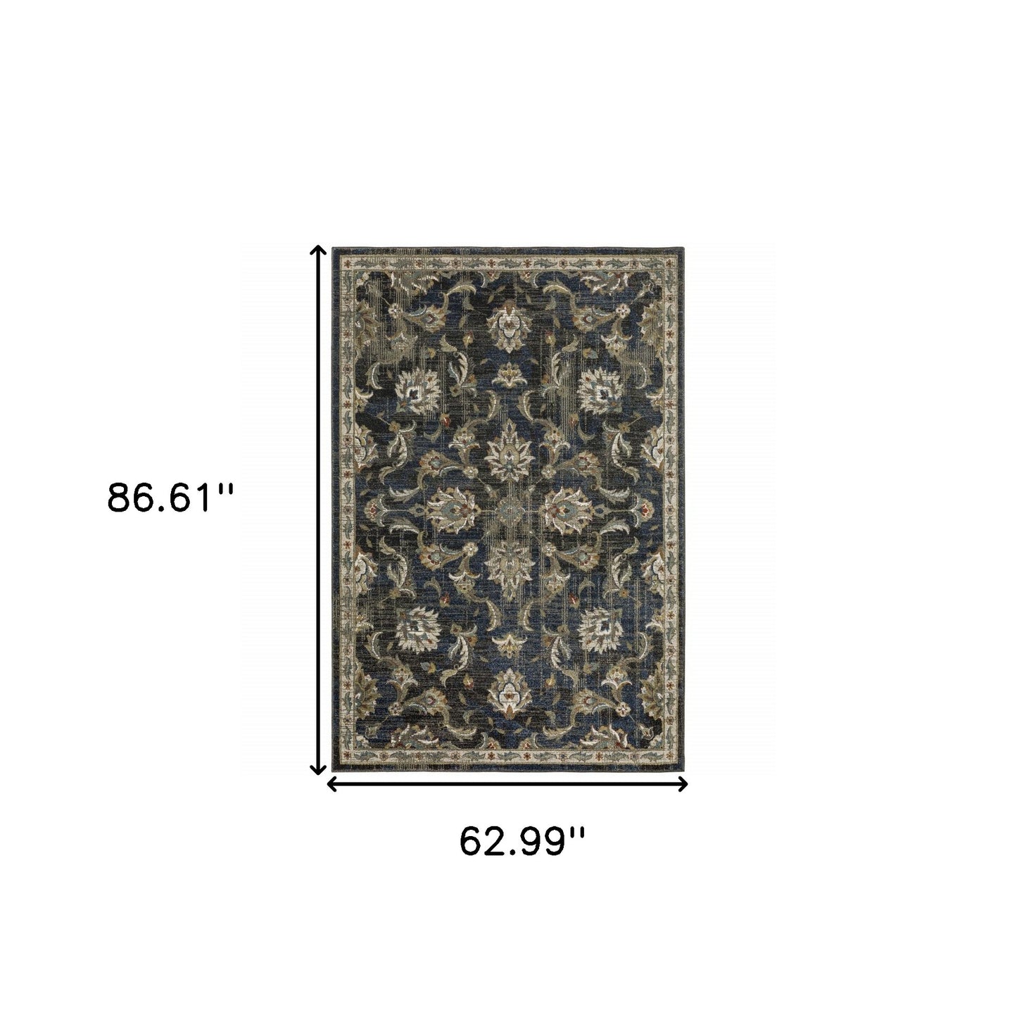 5' X 7' Charcoal Blue Gold Rust And Beige Oriental Power Loom Stain Resistant Area Rug
