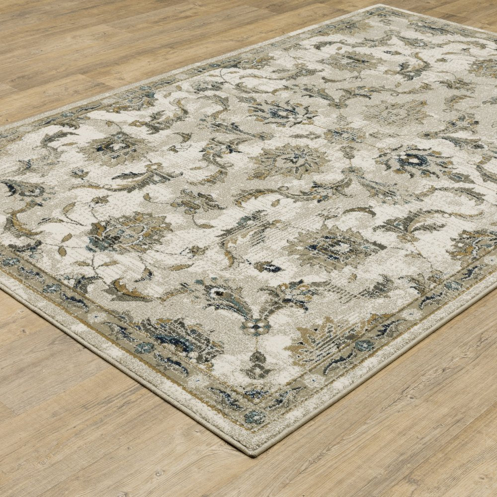 4' X 6' Beige Gold Blue And Grey Oriental Power Loom Stain Resistant Area Rug