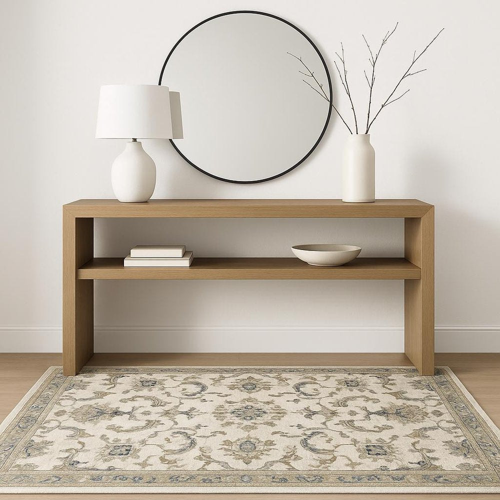 4' X 6' Beige Gold Blue And Grey Oriental Power Loom Stain Resistant Area Rug