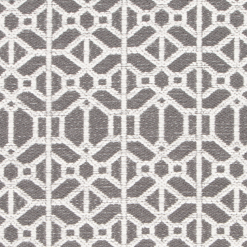 Gray and white geometric lattice fabric with interlocking ring motifs.